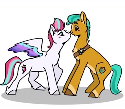 Size: 1488x1295 | Tagged: safe, artist:mayugraffiti, hitch trailblazer, zipp storm, earth pony, pegasus, pony, g5, blushing, boop, duo, duo male and female, female, looking at each other, looking at someone, male, mare, noseboop, sash, sheriff's badge, ship:stormblazer, shipping, simple background, stallion, straight, white background