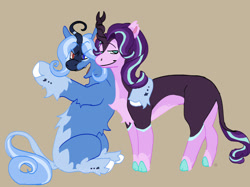 Size: 1197x894 | Tagged: safe, artist:soxrie, starlight glimmer, trixie, kirin, g4, alternate universe, brown background, duo, female, headcanon, kirin-ified, lesbian, ship:startrix, shipping, simple background, species swap
