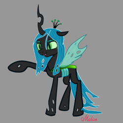 Size: 2693x2693 | Tagged: safe, artist:malice-may, queen chrysalis, changeling, changeling queen, g4, antagonist, concave belly, fangs, gray background, lanky, pointing, simple background, skinny, solo, tall, teeth, thin, villainess, villains of equestria, young
