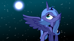 Size: 1920x1080 | Tagged: safe, artist:pupster0071, princess luna, alicorn, pony, g4, big eyes, crown, female, jewelry, mare, moon, night, night sky, peytral, regalia, s1 luna, sky, solo, spread wings, stars, wings