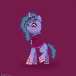 Size: 2480x2480 | Tagged: safe, artist:starburstuwu, misty brightdawn, pony, unicorn, g5, blushing, cape, clothes, ear piercing, earring, female, frown, hoof shoes, horn, jewelry, looking down, mare, piercing, red background, simple background, solo