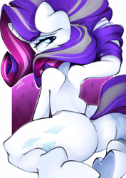 Size: 2894x4093 | Tagged: safe, alternate version, artist:ahekao, rarity, pony, unicorn, semi-anthro, g4, back, butt, clothes, fashion, female, horn, looking at you, looking back, older, older rarity, panties, passepartout, plot, pose, rearity, sexy, sitting, solo, thong, underhoof, underwear