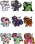 Size: 2436x3014 | Tagged: safe, artist:sexygoatgod, oc, oc only, oc:cobweb creep, oc:cosmic mark, oc:dust bunny, oc:feather light, oc:garden digger, oc:lucky petals, oc:nosebleed delight, oc:summer spark, oc:tulip twinkle, earth pony, pegasus, pony, unicorn, adoptable, chibi, clothes, horn, simple background, socks, thigh highs, transparent background