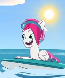 Size: 564x682 | Tagged: safe, screencap, zipp storm, pegasus, pony, g5, hot day huh?, my little pony: tell your tale, spoiler:g5, spoiler:my little pony: tell your tale, spoiler:tyts01e57, cute, open mouth, sun, surfboard, water, wet, wet mane