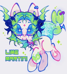 Size: 1670x1848 | Tagged: safe, artist:yuch42023, oc, oc only, oc:lime martini, pony, ambiguous gender, big ears, big eyes, blue eyes, blue sclera, bridge piercing, coat markings, colored eartips, colored eyebrows, colored pinnae, countershading, ear piercing, earring, facial markings, facial piercing, fish tail, green mane, green text, jewelry, lip piercing, looking at you, multicolored mane, outline, piercing, pigtails, ponified, ponified oc, raised hoof, shiny mane, shiny tail, smiling, snake bites, solo, sparkles, star (coat marking), stare, staring into your soul, tail, text, two toned tail, white coat, wingding eyes