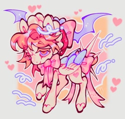 Size: 980x932 | Tagged: safe, artist:yuch42023, oc, oc only, oc:coquetta, pegasus, pony, ambiguous gender, bags under eyes, bonnet, bow, colored eyebrows, colored eyelashes, colored hooves, colored pinnae, colored wings, colored wingtips, emanata, eyebrows, eyebrows visible through hair, floating heart, gray background, hair bow, head wings, heart, lidded eyes, multicolored eyes, neck bow, nose blush, passepartout, pegasus oc, pink coat, pink mane, pink tail, raised hoof, shiny mane, shiny tail, simple background, smiling, sparkly mane, spiked tail band, tail, tail band, tail bow, thin, thin legs, tied tail, two toned wings, watermark, wingding eyes, wings
