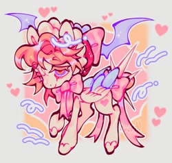 Size: 980x932 | Tagged: safe, artist:yuch42023, oc, oc only, oc:coquetta, pegasus, pony, ambiguous gender, bags under eyes, bonnet, bow, colored eyebrows, colored eyelashes, colored hooves, colored pinnae, colored wings, colored wingtips, emanata, eyebrows, eyebrows visible through hair, floating heart, hair bow, head wings, heart, lidded eyes, multicolored eyes, neck bow, nose blush, passepartout, pegasus oc, pink coat, pink mane, pink tail, raised hoof, shiny mane, shiny tail, smiling, sparkly mane, spiked tail band, tail, tail band, tail bow, thin, thin legs, tied tail, two toned wings, watermark, wingding eyes, wings