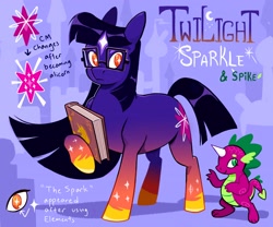 Size: 3000x2500 | Tagged: safe, artist:cracklewink, part of a set, spike, twilight sparkle, dragon, earth pony, pony, g4, abstract background, alternate color palette, alternate cutie mark, alternate design, alternate eye color, alternate hair color, alternate tail color, beanbrows, black mane, black tail, book, colored hooves, colored horn, duo, duo male and female, earth pony twilight, eyebrows, eyelashes, female, frills, frown, glasses, gradient legs, green eyes, green text, high res, hoof hold, horn, long mane, male, mare, purple coat, purple scales, purple text, race swap, raised arm, redesign, shadow, shiny hooves, shiny mane, shiny tail, slit pupils, smiling, solo focus, species swap, square glasses, starry eyes, starry legs, straight mane, straight tail, tail, text, wingding eyes, yellow eyes