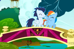 Size: 3257x2144 | Tagged: safe, rainbow dash, soarin', pegasus, pony, g4, bridge, duo, duo male and female, female, lilypad, male, mare, ship:soarindash, shipping, stallion, straight, water