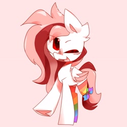 Size: 3153x3153 | Tagged: safe, artist:scar-shine, oc, oc only, oc:toricelli, pegasus, amputee, clothes, cute, female, looking at you, one eye closed, open mouth, pink background, pink mane, rainbow socks, red background, red eyes, red mane, simple background, socks, solo, standing, striped socks, tail, white coat, wings, wink, winking at you
