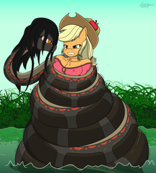 Size: 2705x3000 | Tagged: safe, artist:lunahazacookie, applejack, earth pony, snake, anthro, g4, anaconda, angry, art trade, breasts, busty applejack, cleavage, coils, constriction, cowboy hat, damsel in distress, female, grass, gritted teeth, hat, high res, long hair, looking at each other, looking at someone, mare, shoulderless shirt, teeth, water