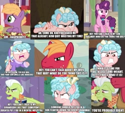 Size: 737x665 | Tagged: safe, edit, edited screencap, screencap, apple bloom, big macintosh, cozy glow, granny smith, little mac, sugar belle, earth pony, pegasus, pony, a trivial pursuit, frenemies (episode), g4, hard to say anything, hearthbreakers, school raze, the last problem, 20000 patties under the sea, angry, apple, apple bloom's bow, big macintosh's yoke, bow, caption, clothes, colt, comic, female, filly, foal, food, granny smith's shawl, gritted teeth, hair bow, horse collar, image macro, imgflip, lying down, male, mare, open mouth, plankton, prone, reference, sad, scarf, screencap comic, spongebob reference, spongebob squarepants, stallion, tail, tail bow, teeth, text