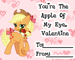 Size: 1272x1016 | Tagged: safe, artist:dazzle, applejack, earth pony, g4, bow, braid, braided tail, flower, freckles, free to use, hair bow, hat, holiday, rose, tail, valentine, valentine's day, valentine's day card