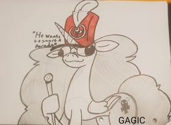 Size: 3918x2874 | Tagged: safe, artist:gagiclunk, oc, oc only, oc:damian diablo, alicorn, concave belly, doodle, parade, shako, solo, thin, traditional art