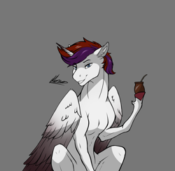 Size: 2000x1953 | Tagged: safe, artist:monolith_skyline, oc, oc only, oc:soft dash, alicorn, pony, belly, colored wings, folded wings, gradient horn, gradient wings, gray background, hoof hold, horn, large wings, lidded eyes, looking at you, male, mate, muscles, raised hoof, simple background, sitting, skinny, smiling, smiling at you, solo, stallion, sternocleidomastoid, thin, wings