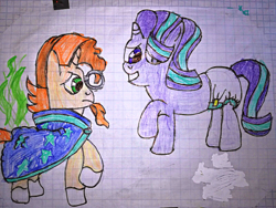 Size: 4160x3120 | Tagged: safe, artist:bitter sweetness, starlight glimmer, sunburst, unicorn, g4, abdl, adult foal, bad smell, diaper, diaper fetish, diaper under clothes, female, fetish, graph paper, horn, implied diaper, implied diaper usage, implied poop, implied pooping, male, mare, messy diaper, nervous, nervous smile, non-baby in diaper, simple background, smiling, solo, stink lines, traditional art, visible stench, white background