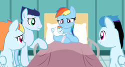 Size: 750x405 | Tagged: safe, artist:diana173076, rainbow dash, soarin', oc, oc:lightning dash, oc:prism, oc:thunder dash, pegasus, pony, g4, baby, baby pony, bed, cute, dashabetes, female, filly, foal, heartwarming, hospital, hospital bed, male, mare, newborn, offspring, parent:rainbow dash, parent:soarin', parents:soarindash, ship:soarindash, shipping, stallion, straight, swaddle, swaddled, swaddled baby