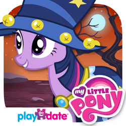 Size: 1024x1024 | Tagged: safe, playdate digital, twilight sparkle, pony, unicorn, g4, luna eclipsed, my little pony: trick or treat, official, app icon, cloak, clothes, cosplay, costume, dead tree, female, full moon, grin, hat, mare, moon, my little pony logo, nightmare night costume, outdoors, smiling, solo, star swirl the bearded costume, tree, twilight the bearded, unicorn twilight