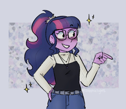 Size: 1505x1299 | Tagged: safe, artist:sunsetslight, sci-twi, twilight sparkle, human, equestria girls, g4, black nail polish, blushing, ear piercing, earring, female, glasses, hand on hip, jewelry, necklace, painted nails, passepartout, piercing, pointing, ponytail, scrunchie, smiling, solo, sparkles