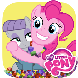 Size: 1024x1024 | Tagged: safe, playdate digital, maud pie, pinkie pie, earth pony, pony, g4, my little pony: pinkie pie's sister, official, app icon, duo, duo female, face, faic, female, grin, hug, icon, lidded eyes, mare, my little pony logo, necklace, rock candy necklace, siblings, sisters, smiling