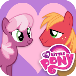 Size: 1024x1024 | Tagged: safe, playdate digital, big macintosh, cheerilee, earth pony, pony, g4, my little pony: hearts and hooves day, app icon, big macintosh's yoke, duo, duo male and female, female, freckles, heart, heart background, hearts and hooves day, horse collar, looking at each other, looking at someone, male, mare, my little pony logo, ship:cheerimac, shipping, smiling, stallion, straight, yoke