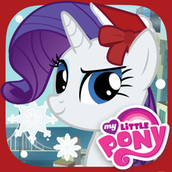 Size: 1024x1024 | Tagged: safe, playdate digital, rarity, pony, unicorn, g4, my little pony: rarity takes manehattan, rarity takes manehattan, app icon, bridge, crystaller building, eyebrows, female, horn, looking at you, manehattan, mare, my little pony logo, raised eyebrow, smiling, snow, snowflake, solo, storybook app