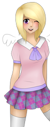 Size: 767x1920 | Tagged: artist needed, safe, oc, oc only, oc:cutie pie, human, pegasus, g4, blonde hair, female, freckles, humanized, one eye closed, pegasus oc, simple background, solo, transparent background, wings