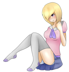 Size: 820x864 | Tagged: safe, oc, oc only, oc:cutie pie, human, blonde hair, clothes, female, hair over one eye, humanized, simple background, socks, solo, stocking feet, stockings, thigh highs, white background