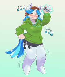 Size: 1344x1597 | Tagged: safe, artist:dondedun, dj pon-3, vinyl scratch, human, unicorn, anthro, unguligrade anthro, g4, blushing, clothes, commission, earbuds, eyes closed, female, gradient background, hoodie, horn, human to anthro, ipod, magic, music notes, shorts, smiling, transformation