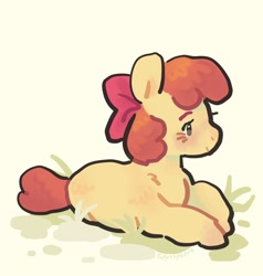 Size: 1014x1066 | Tagged: safe, artist:puppysphere, apple bloom, earth pony, pony, g4, blushing, female, filly, foal, grass, light yellow background, lying down, prone, smiling, solo