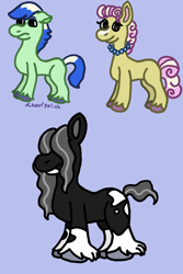 Size: 1600x2400 | Tagged: safe, artist:mintwhistle, oc, oc only, oc:gloomshade, oc:nightshade, oc:swiss roll, earth pony, pony, g5, my little pony: a new generation, annoyed, background pony, blue background, coat markings, colored hooves, colt, concept art, dyed mane, dyed tail, earth pony oc, eyeshadow, female, floppy ears, foal, g5 oc, hoof polish, jewelry, light blue background, makeup, male, mare, medibang paint, necklace, pearl necklace, simple background, socks (coat markings), stallion, tail, two toned mane, two toned tail, unshorn fetlocks