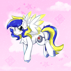 Size: 2000x2000 | Tagged: safe, artist:jubyskylines, oc, oc only, oc:juby skylines, pegasus, pony, abstract background, chest fluff, colored wings, gradient wings, male, pegasus oc, smiling, spread wings, stallion, wings
