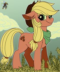 Size: 1005x1199 | Tagged: safe, artist:brainiac, applejack, earth pony, pony, g4, bandana, cloud, female, hat, limited palette, looking at you, mare, solo