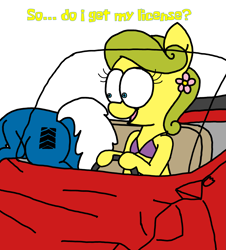 Size: 3023x3351 | Tagged: safe, artist:professorventurer, oc, oc only, oc:bikini breeze, pony, bikini, bikini top, butt, car, car crash, car wreck, clothes, convertible, driver's ed, driving, driving instructor, duo, female, flower, flower in hair, high res, mare, plot, simple background, stress vomit, swimsuit, vomit, vomiting, white background, wrecked