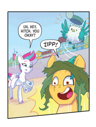 Size: 515x686 | Tagged: safe, artist:amy mebberson, idw, hitch trailblazer, kenneth, zipp storm, bird, earth pony, pegasus, g5, spoiler:comic, spoiler:g5comic, bag, beach, blushing, dialogue, female, folded wings, male, mare, my little pony: set your sail, sand, shipping fuel, smiling, speech bubble, stallion, surprised, text, trio, wings