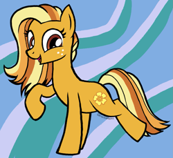 Size: 1173x1073 | Tagged: safe, artist:catachromatic, oc, oc only, oc:buttercup, earth pony, pony, fanfic:a clever pony, abstract background, black outlines, fanfic art, female, freckles, looking at self, mare, open mouth, open smile, raised hoof, signature, smiling, solo, standing on two hooves