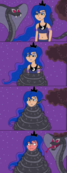 Size: 1006x2563 | Tagged: safe, artist:ocean lover, princess luna, cobra, human, reptile, snake, g4, 1000 hours in ms paint, 4 panel comic, asphyxiation, bare midriff, bare shoulders, belly button, blue eyeshadow, blue lipstick, clothes, coiling, coils, comic, confused, constriction, crown, curvy, ethereal hair, eyeliner, eyeshadow, female, forked tongue, hissing, hourglass figure, human coloration, humanized, jewelry, lipstick, looking at each other, looking at someone, makeup, midriff, ms paint, night, night sky, open mouth, outdoors, peytral, princess of the night, puffy cheeks, purple sky, red face, regalia, scales, sharp teeth, shocked, shrunken pupils, sky, sleeveless, snake tail, species swap, squeeze, squeezing, starry hair, starry night, stars, story included, struggling, suspicious, tail, teal eyes, teeth, this will end in death, this will end in vore, this will not end well, tree, wavy hair, wide eyes, wrapped up, wrapping