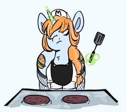 Size: 711x635 | Tagged: safe, artist:ghostyglue, oc, oc only, oc:double decker, pony, unicorn, apron, braid, braided ponytail, burger, clothes, colored sketch, cooking, female, fishnet clothing, fishnet stockings, food, green magic, horn, large butt, mare, orange hair, orange mane, ponytail, simple background, sketch, solo, spatula, stockings, the ass was fat, thigh highs, uniform, white background