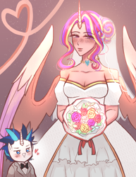 Size: 2975x3850 | Tagged: safe, artist:luna4812, princess cadance, shining armor, human, bouquet, bowtie, breasts, cleavage, clothes, dress, duo, duo male and female, female, flower, heart, height difference, high res, horn, horned humanization, humanized, looking at you, male, meme, messy hair, pony coloring, ship:shiningcadance, shipping, smiling, smiling at you, straight, the bride and the ugly ass groom, tuxedo, wedding dress, winged humanization, wings