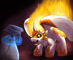 Size: 2390x1962 | Tagged: safe, artist:gosha305, daybreaker, alicorn, pony, g4, angry, armor, behaving like a cat, chest fluff, curved horn, dark background, ear fluff, ears back, fangs, female, fluffy, full body, gem, high res, hissing, hoof shoes, horn, jewelry, magic, mane of fire, mare, open mouth, princess shoes, regalia, slit pupils, solo, spray bottle, teeth, telekinesis, wings