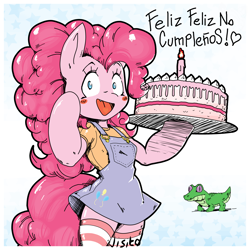 Size: 4096x4096 | Tagged: safe, artist:jisito, gummy, pinkie pie, alligator, earth pony, anthro, g4, arm hooves, blushing, cake, clothes, food, looking at you, open mouth, open smile, smiling, socks, spanish, striped stockings, thigh highs