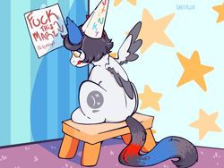 Size: 1400x1050 | Tagged: safe, artist:ghostyglue, oc, oc:clowne, pegasus, pony, carpet, clown, clown makeup, colored, dunce hat, hat, long tail, pegasus oc, plastic chair, pouting, simple background, solo, tail, ych result