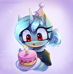 Size: 2958x3000 | Tagged: safe, artist:opal_radiance, oc, oc only, oc:karina, pony, unicorn, equestria at war mod, :o, birthday cake, blowing, cake, female, food, high res, horn, mare, open mouth, signature, solo, unicorn oc