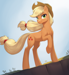 Size: 2172x2336 | Tagged: safe, artist:sierraex, applejack, earth pony, pony, g4, applejack's hat, cowboy hat, female, hat, high res, long legs, looking at you, mare, raised hoof, slender, smiling, solo, tail, thin, windswept mane, windswept tail