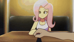 Size: 1280x720 | Tagged: safe, artist:sunsetzg3, fluttershy, human, equestria girls, g4, animated, badass, badass adorable, blinking, bottle, clothes, cute, drink, first person view, looking at you, offscreen character, pov, table, tank top, webm