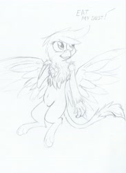 Size: 4874x6642 | Tagged: safe, artist:pzkratzer, gilda, griffon, semi-anthro, belly button, flying, sketch, solo, text, traditional art
