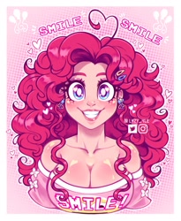 Size: 1380x1682 | Tagged: safe, artist:l4zy_4le, pinkie pie, human, g4, ahoge, big breasts, border, breasts, bust, busty pinkie pie, cleavage, clothes, ear piercing, earring, front view, hair accessory, heart, heart eyes, humanized, jewelry, looking at you, off shoulder, piercing, smiling, smiling at you, solo, toothy grin, wingding eyes
