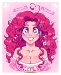 Size: 1380x1682 | Tagged: safe, artist:l4zy_4le, pinkie pie, human, g4, ahoge, big breasts, border, breasts, bust, busty pinkie pie, cleavage, clothes, ear piercing, earring, front view, hair accessory, heart, humanized, jewelry, looking at you, off shoulder, piercing, smiling, smiling at you, solo, toothy grin