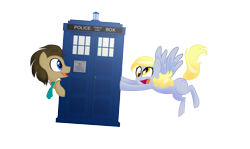 Size: 2584x1543 | Tagged: safe, artist:katelynntheg, derpy hooves, doctor whooves, time turner, earth pony, pegasus, pony, g4, 2013, doctor who, duo, duo male and female, female, high res, male, mare, open mouth, open smile, pushing, simple background, smiling, stallion, tardis, the doctor, transparent background