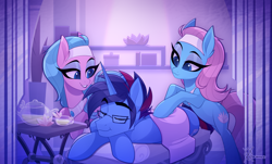 Size: 2400x1450 | Tagged: safe, artist:thewandie, aloe, lotus blossom, oc, oc:marquis majordome, earth pony, pony, unicorn, g4, commission, cup, duo, duo female, eyes closed, eyeshadow, fangs, female, food, glasses, horn, lying down, makeup, male, mare, massage, pillow, prone, spa, spa twins, tea, teacup, teapot, towel, trio, unicorn oc, wings, ych result